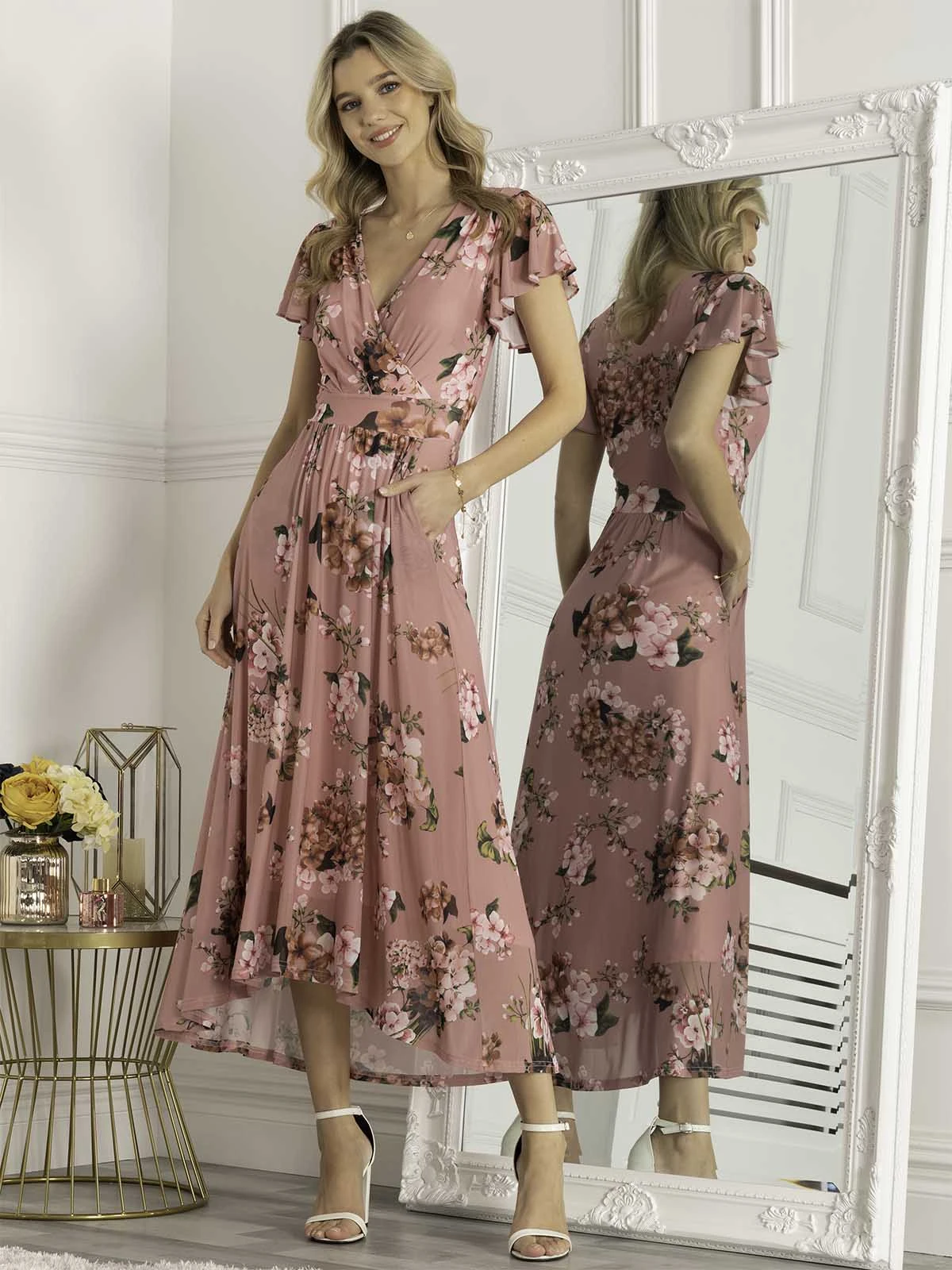 Jolie Moi Eliza Dip Hem Mesh Maxi Dress, Mauve 1 Jolie Moi Eliza Dip Hem Mesh Maxi Dress, Mauve