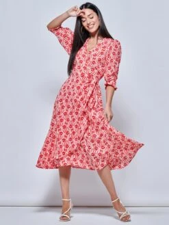 Ellie Crepe Wrap Puff Sleeve Midi Dress, Red Geo 8 Ellie Crepe Wrap Puff Sleeve Midi Dress, Red Geo -DORIA Clothing Shop E5777616 RedGeo 1