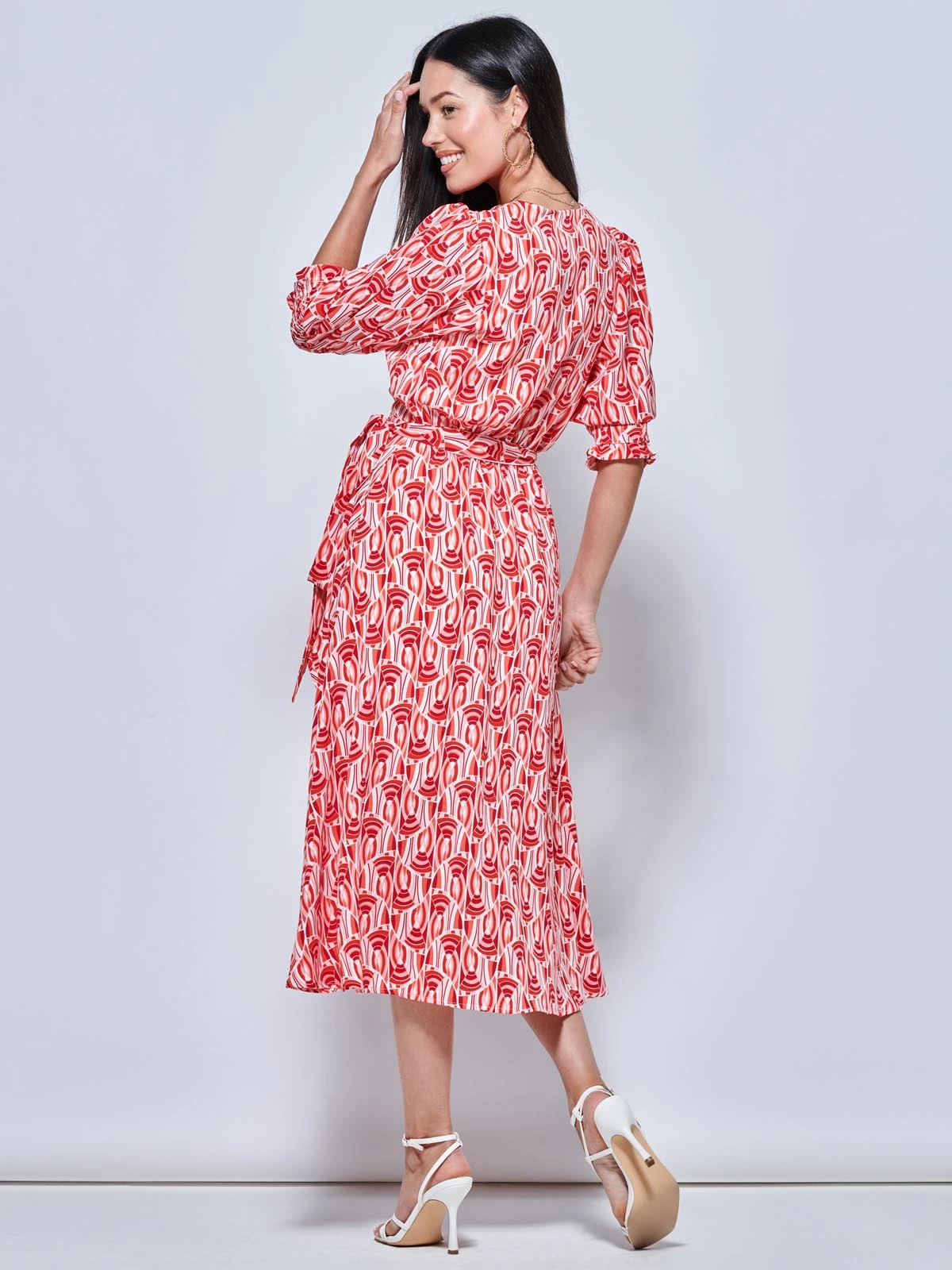 Ellie Crepe Wrap Puff Sleeve Midi Dress, Red Geo 2 Ellie Crepe Wrap Puff Sleeve Midi Dress, Red Geo - Image 2