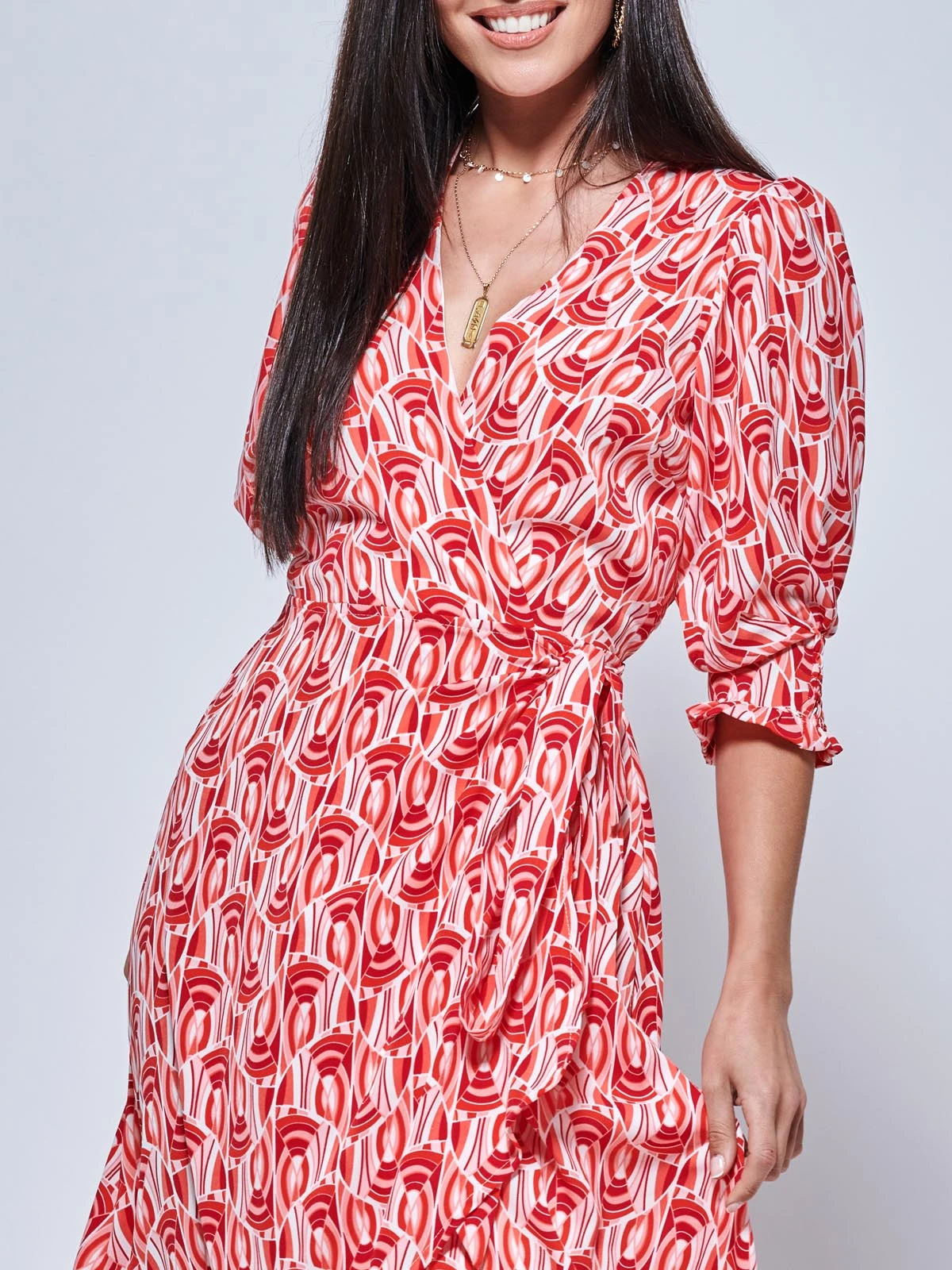 Ellie Crepe Wrap Puff Sleeve Midi Dress, Red Geo 3 Ellie Crepe Wrap Puff Sleeve Midi Dress, Red Geo - Image 3