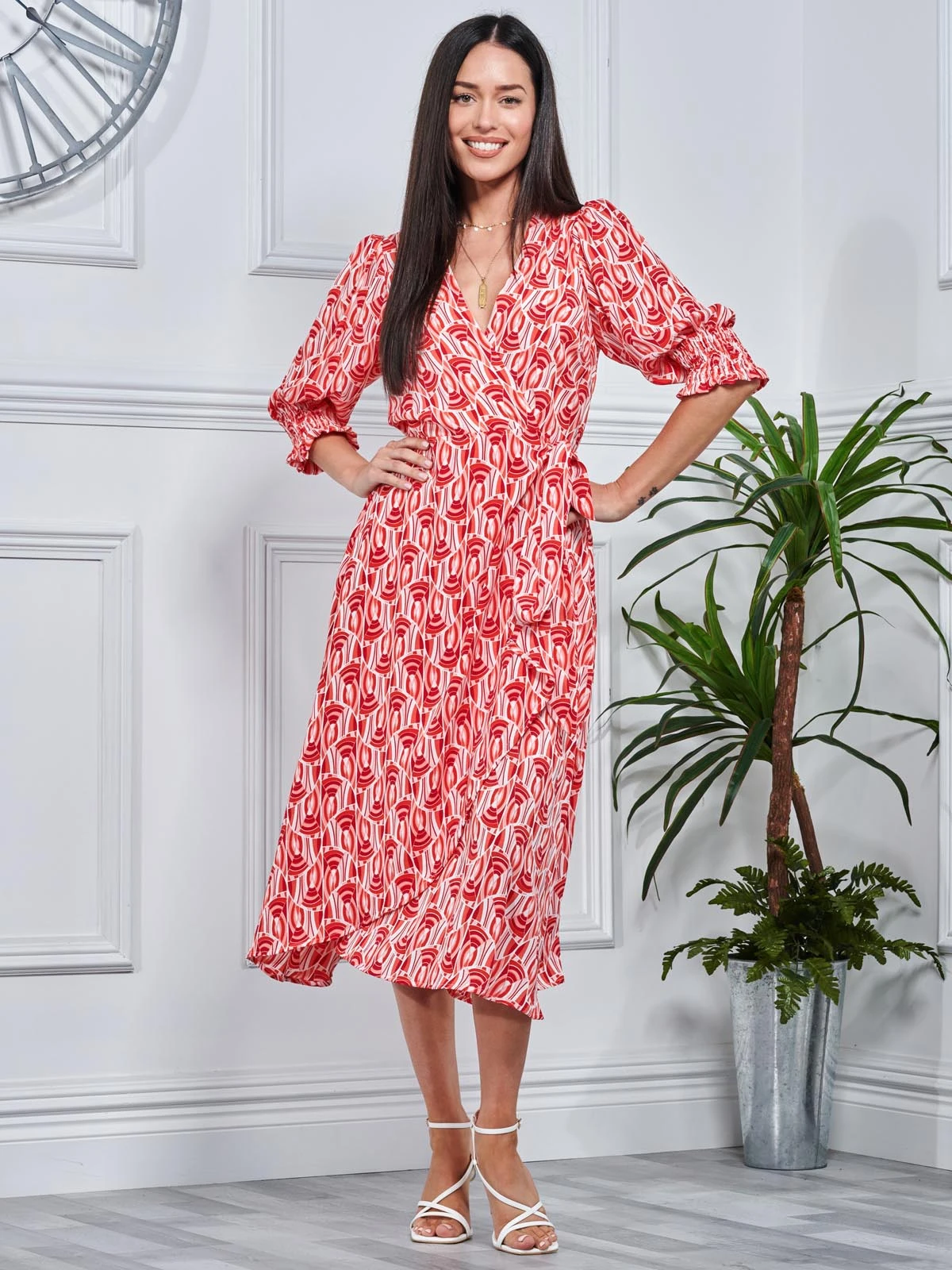 Ellie Crepe Wrap Puff Sleeve Midi Dress, Red Geo 1 Ellie Crepe Wrap Puff Sleeve Midi Dress, Red Geo