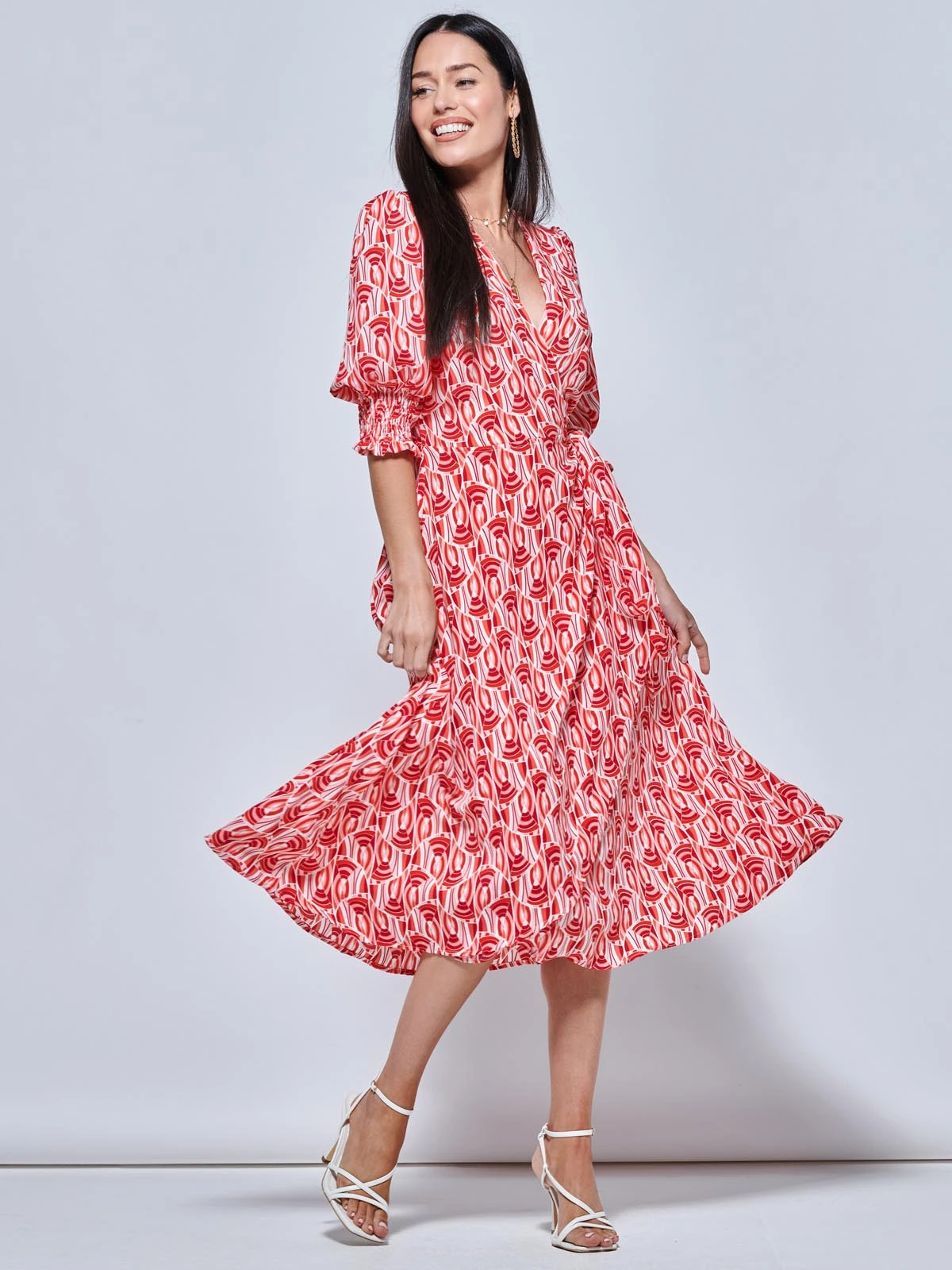 Ellie Crepe Wrap Puff Sleeve Midi Dress, Red Geo 5 Ellie Crepe Wrap Puff Sleeve Midi Dress, Red Geo - Image 5