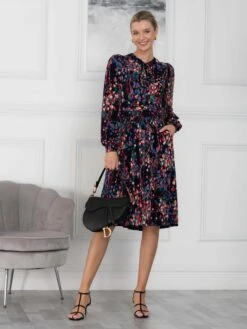 Allyn Bow Neck Long Sleeve Dress, Navy Abstract -DORIA Clothing Shop EY 2239 NavyAbstract 1