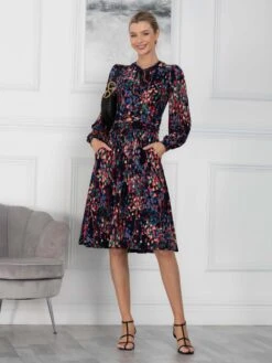 Allyn Bow Neck Long Sleeve Dress, Navy Abstract -DORIA Clothing Shop EY 2239 NavyAbstract 4