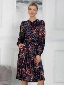 Allyn Bow Neck Long Sleeve Dress, Navy Abstract -DORIA Clothing Shop EY 2239 NavyAbstract 6