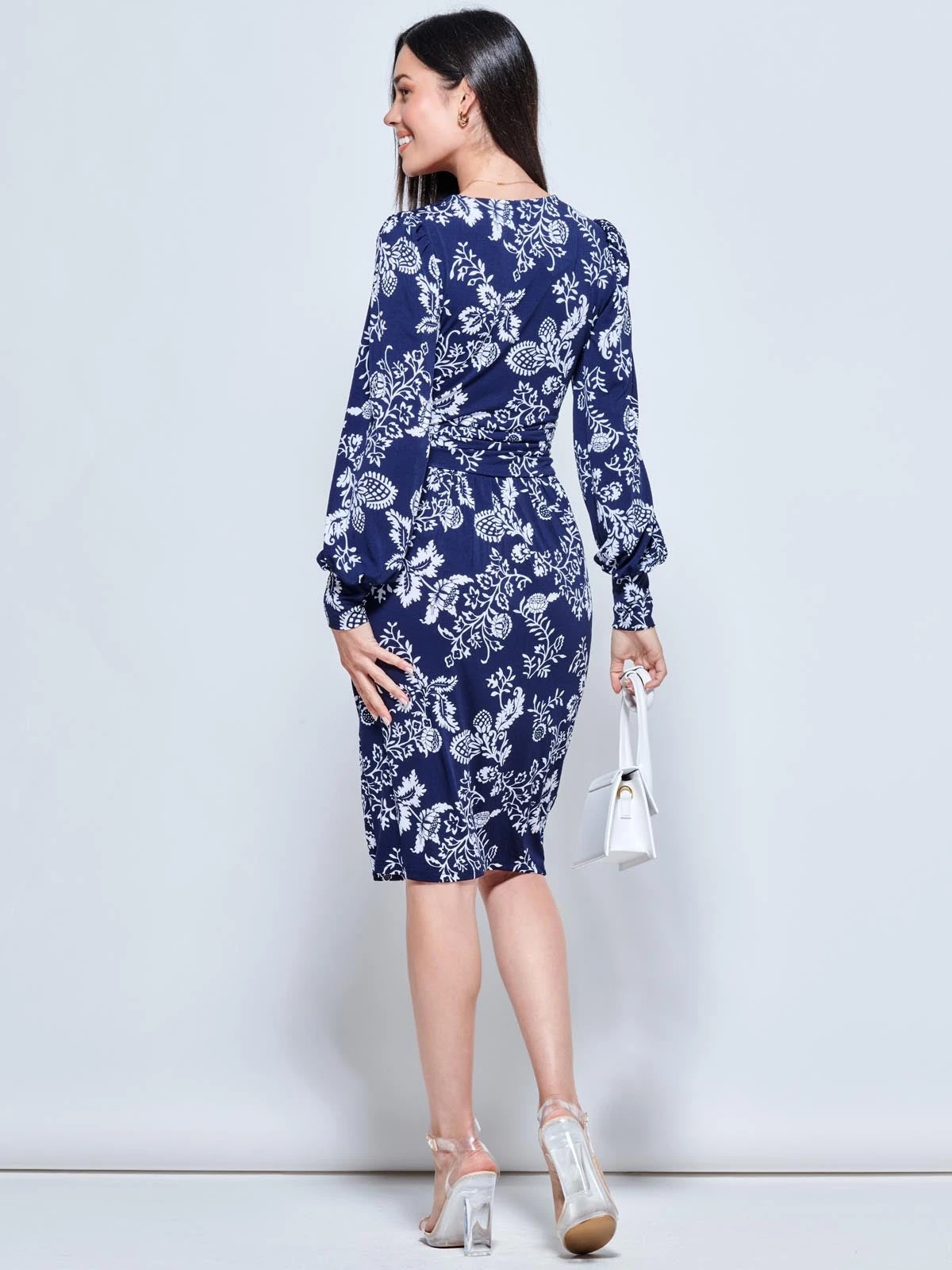 Long Sleeve Jersey Pegged Dress, Navy Floral 2 Long Sleeve Jersey Pegged Dress, Navy Floral - Image 2
