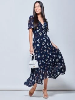 Pleated Chiffon High Low Maxi Dress, Navy Floral 8 Pleated Chiffon High Low Maxi Dress, Navy Floral -DORIA Clothing Shop F1020927 NavyFloral 1