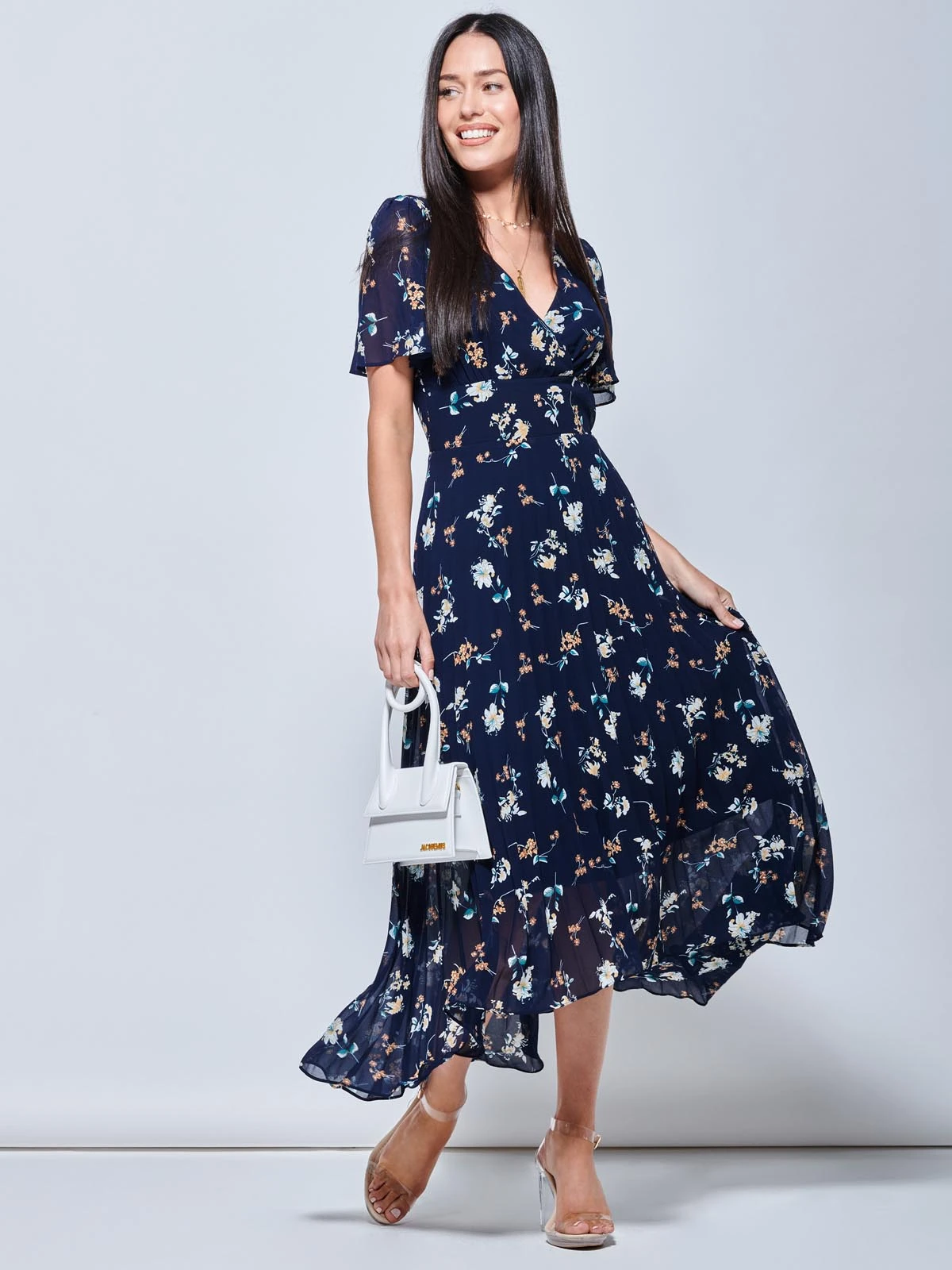 Pleated Chiffon High Low Maxi Dress, Navy Floral 4 Pleated Chiffon High Low Maxi Dress, Navy Floral - Image 4