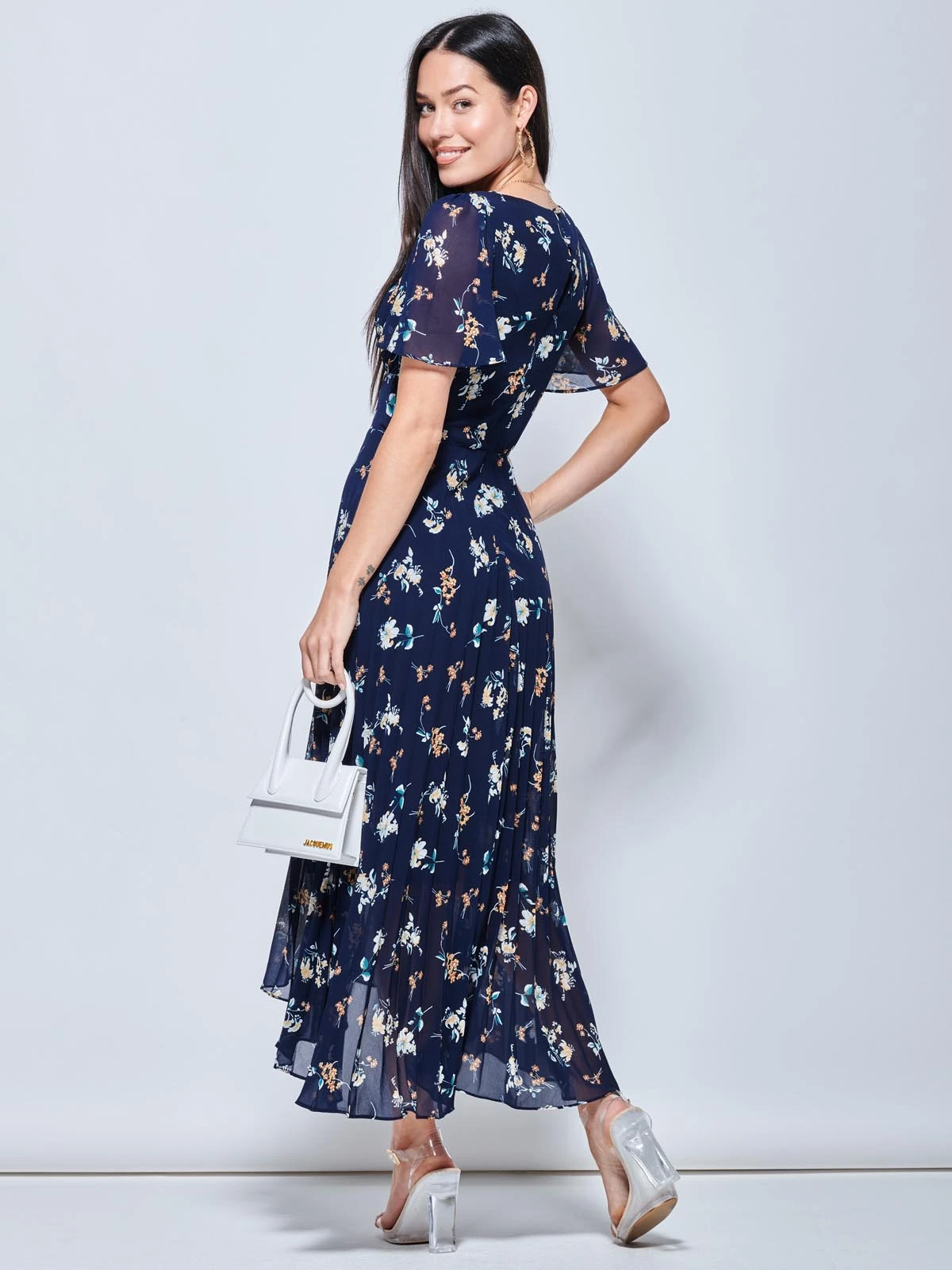 Pleated Chiffon High Low Maxi Dress, Navy Floral 2 Pleated Chiffon High Low Maxi Dress, Navy Floral - Image 2