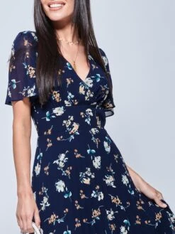 Pleated Chiffon High Low Maxi Dress, Navy Floral 7 Pleated Chiffon High Low Maxi Dress, Navy Floral -DORIA Clothing Shop F1020927 NavyFloral 3