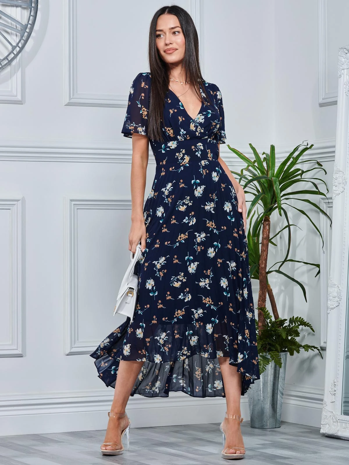 Pleated Chiffon High Low Maxi Dress, Navy Floral 5 Pleated Chiffon High Low Maxi Dress, Navy Floral - Image 5