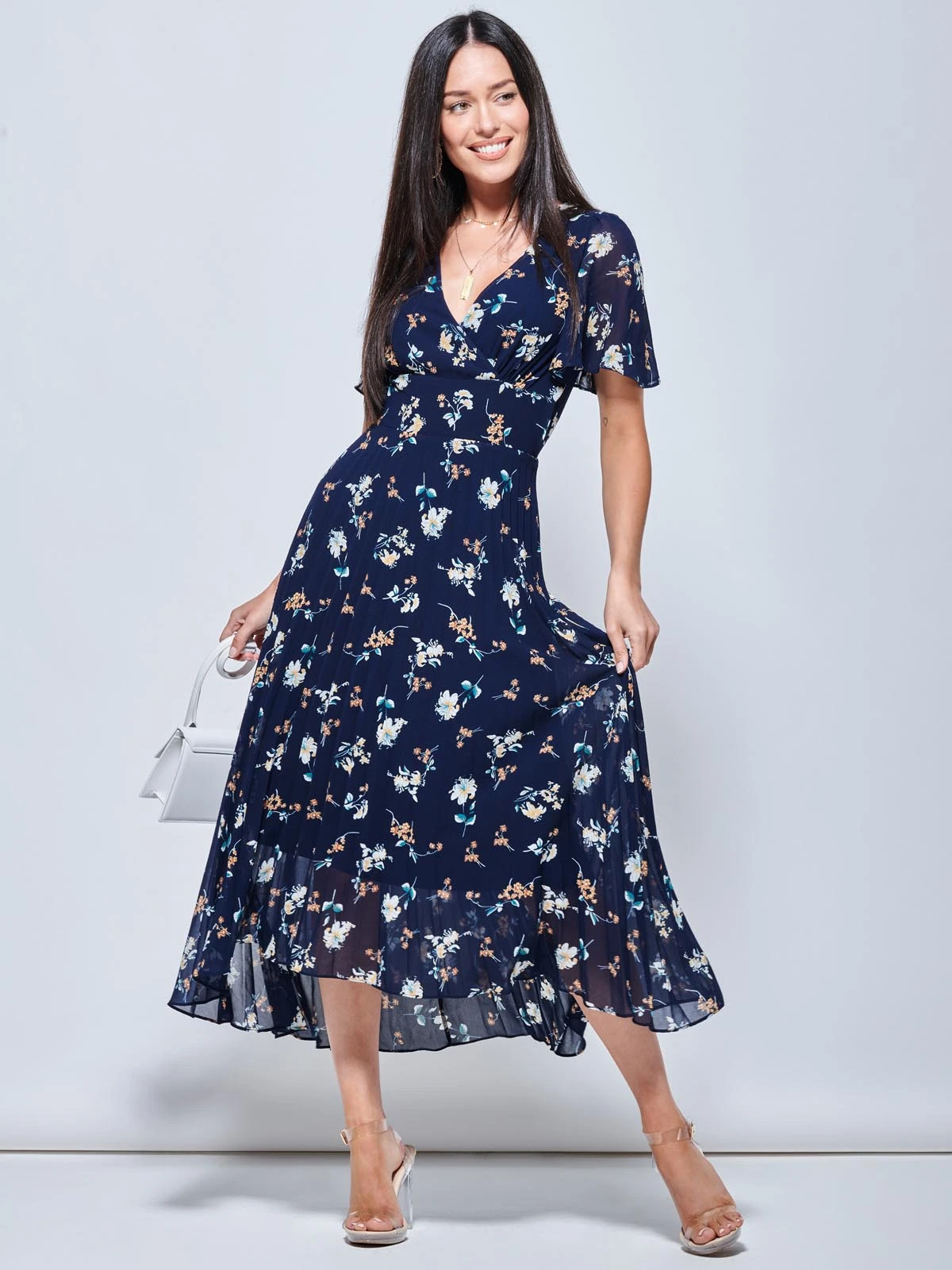 Pleated Chiffon High Low Maxi Dress, Navy Floral 1 Pleated Chiffon High Low Maxi Dress, Navy Floral