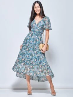 Pleated Chiffon High Low Maxi Dress, Teal Floral