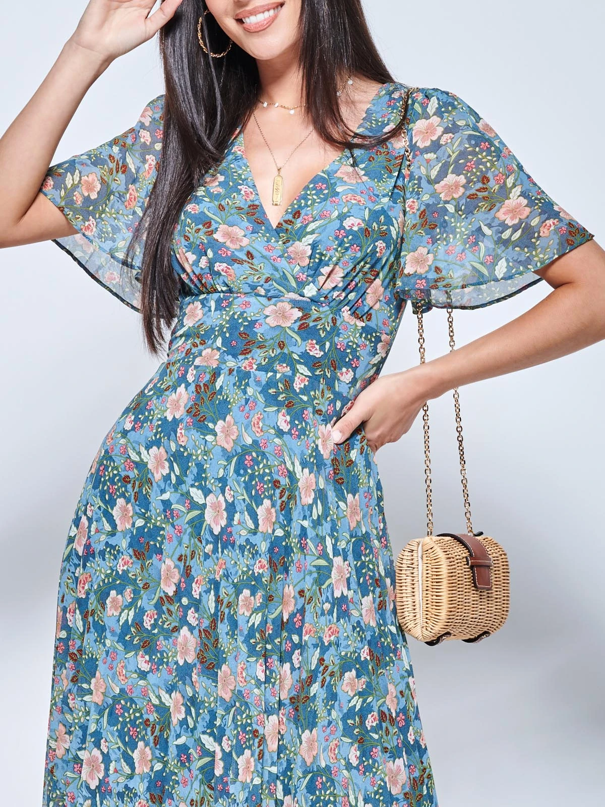 Pleated Chiffon High Low Maxi Dress, Teal Floral 3 Pleated Chiffon High Low Maxi Dress, Teal Floral - Image 3