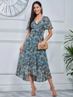 Pleated Chiffon High Low Maxi Dress, Teal Floral 8 Pleated Chiffon High Low Maxi Dress, Teal Floral -DORIA Clothing Shop F1020927 TealFloral 4