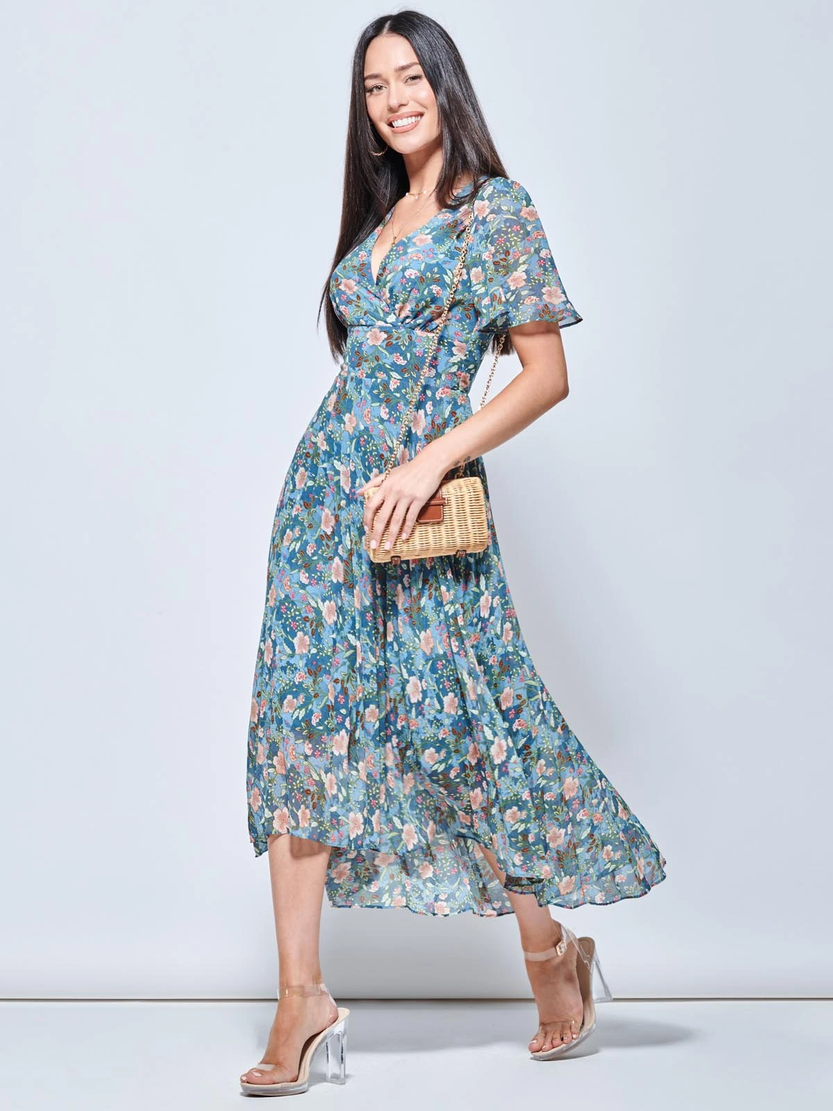 Pleated Chiffon High Low Maxi Dress, Teal Floral 5 Pleated Chiffon High Low Maxi Dress, Teal Floral - Image 5