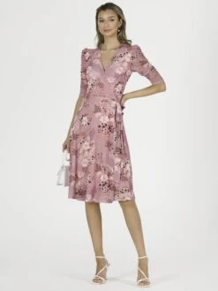 Elodea Mesh Ruched Sleeve Wrap Dress, Pink Floral -DORIA Clothing Shop F397 106 PinkFloral 1