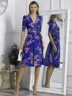 Elodea Mesh Ruched Sleeve Wrap Dress, Royal Multi 8 Elodea Mesh Ruched Sleeve Wrap Dress, Royal Multi -DORIA Clothing Shop F397 106 RoyalMulti 3