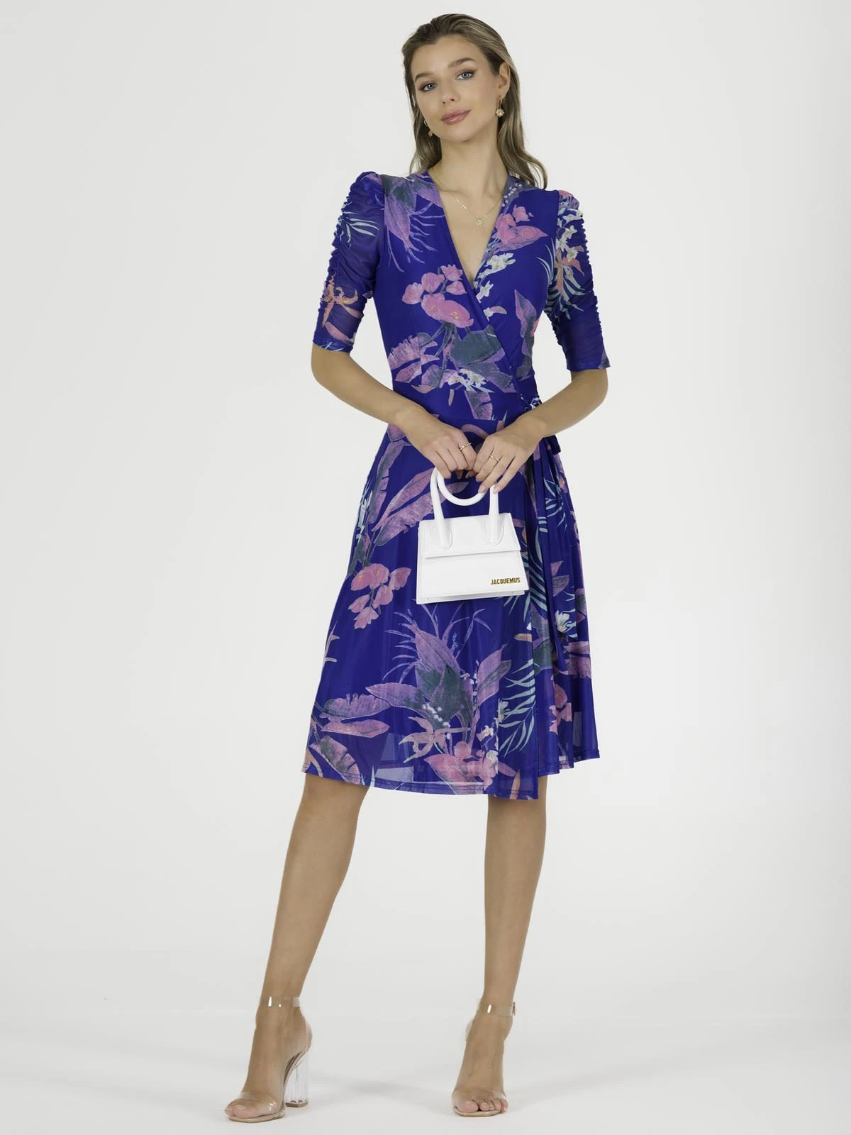 Elodea Mesh Ruched Sleeve Wrap Dress, Royal Multi 4 Elodea Mesh Ruched Sleeve Wrap Dress, Royal Multi - Image 4