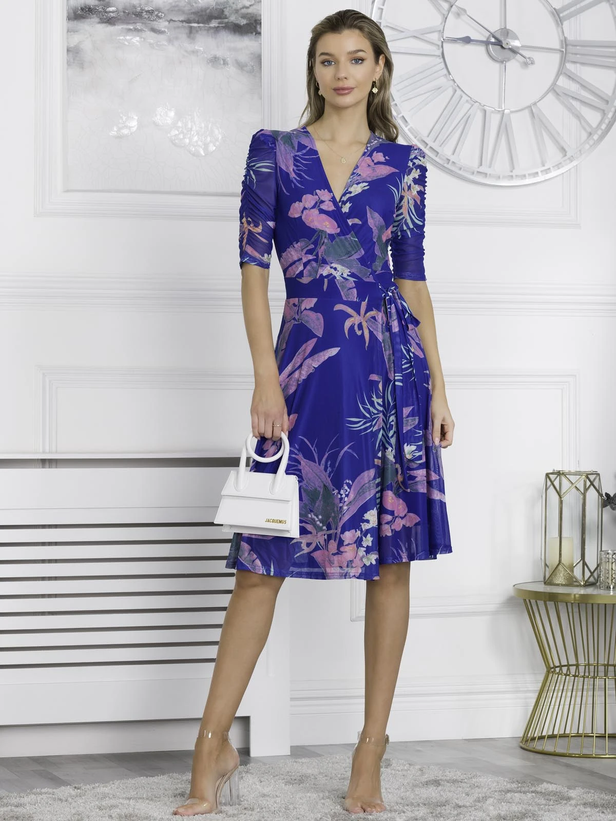 Elodea Mesh Ruched Sleeve Wrap Dress, Royal Multi 5 Elodea Mesh Ruched Sleeve Wrap Dress, Royal Multi - Image 5