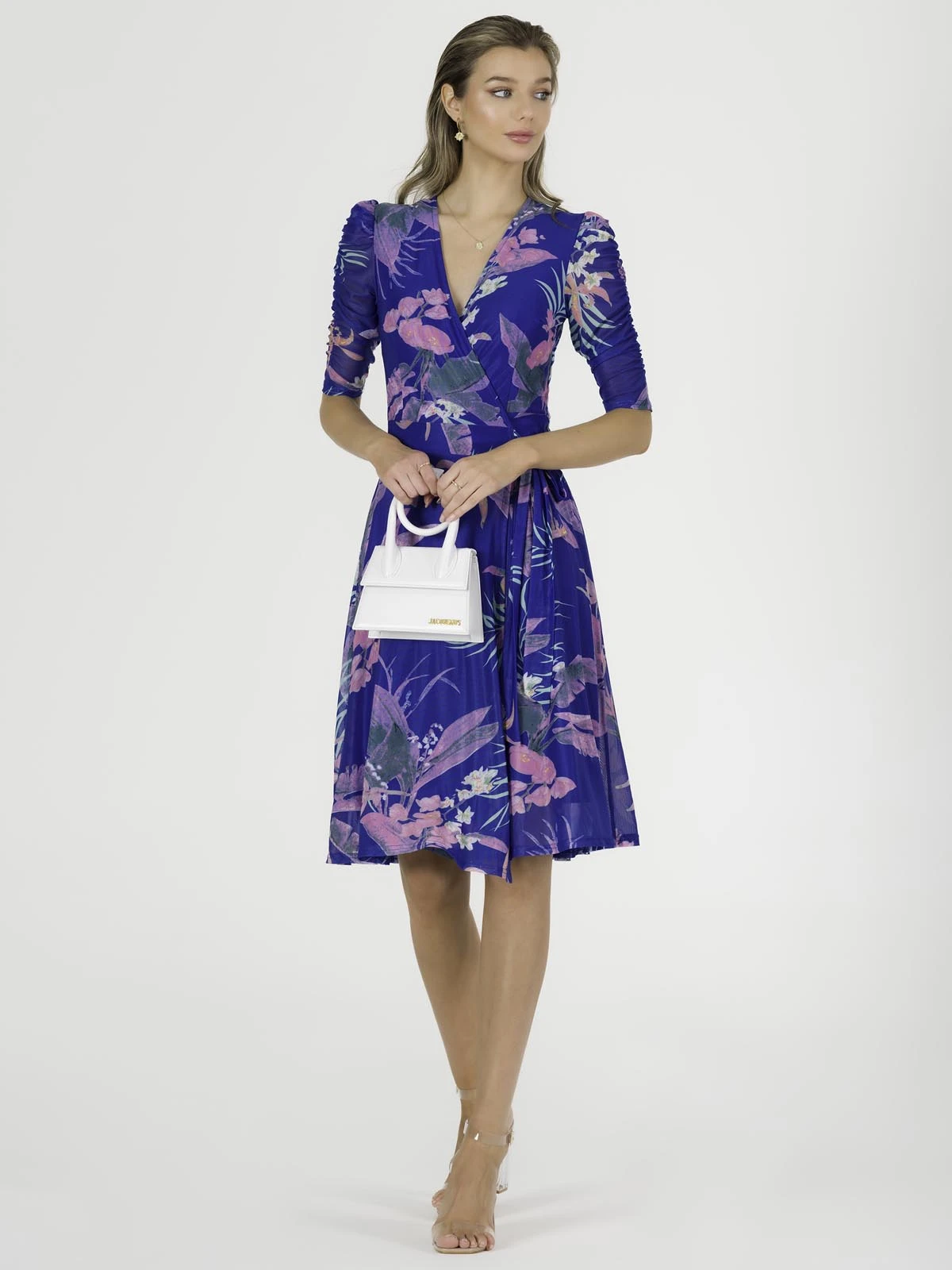 Elodea Mesh Ruched Sleeve Wrap Dress, Royal Multi 6 Elodea Mesh Ruched Sleeve Wrap Dress, Royal Multi - Image 6