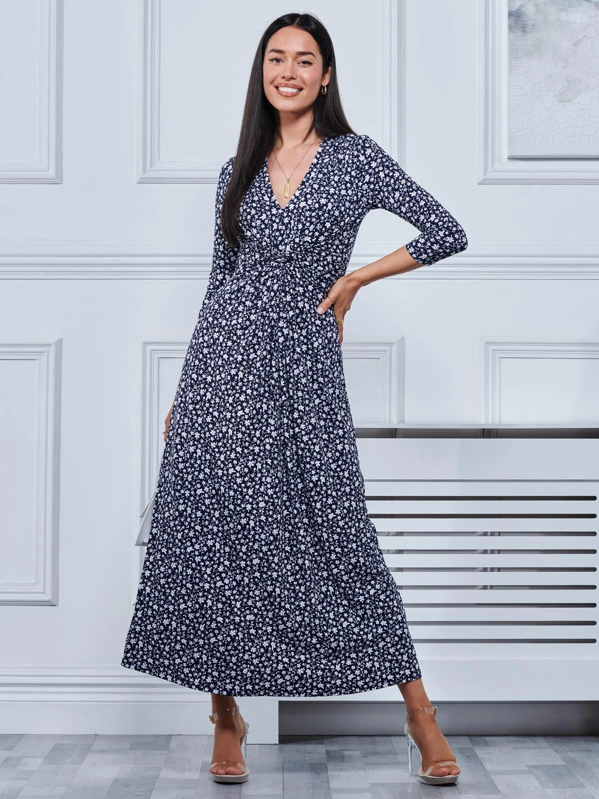 Hayat Twist Front Jersey Maxi Dress, Navy Floral 1 Hayat Twist Front Jersey Maxi Dress, Navy Floral