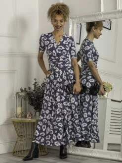 Evita Floral Print Maxi Jersey Dress, Navy White Floral -DORIA Clothing Shop F621 137 NavyWhiteFloral 1