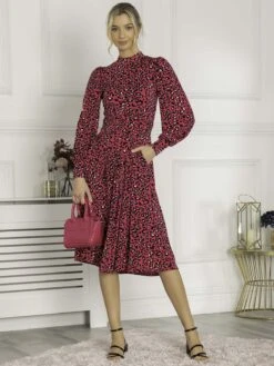 Jolie Moi Vesper Long Sleeve Midi Dress, Magenta -DORIA Clothing Shop FL 2312 Magenta 3