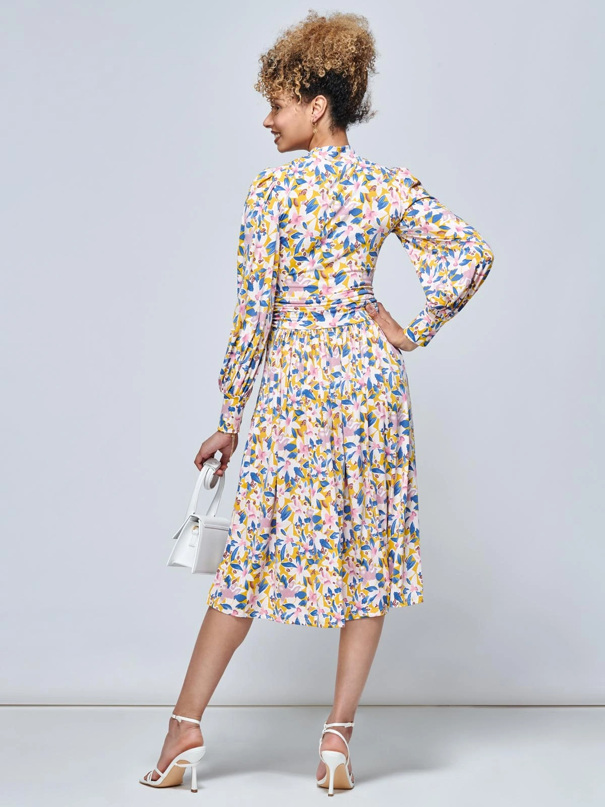 Jolie Moi Vesper Long Sleeve Midi Dress, Yellow Floral 2 Jolie Moi Vesper Long Sleeve Midi Dress, Yellow Floral - Image 2