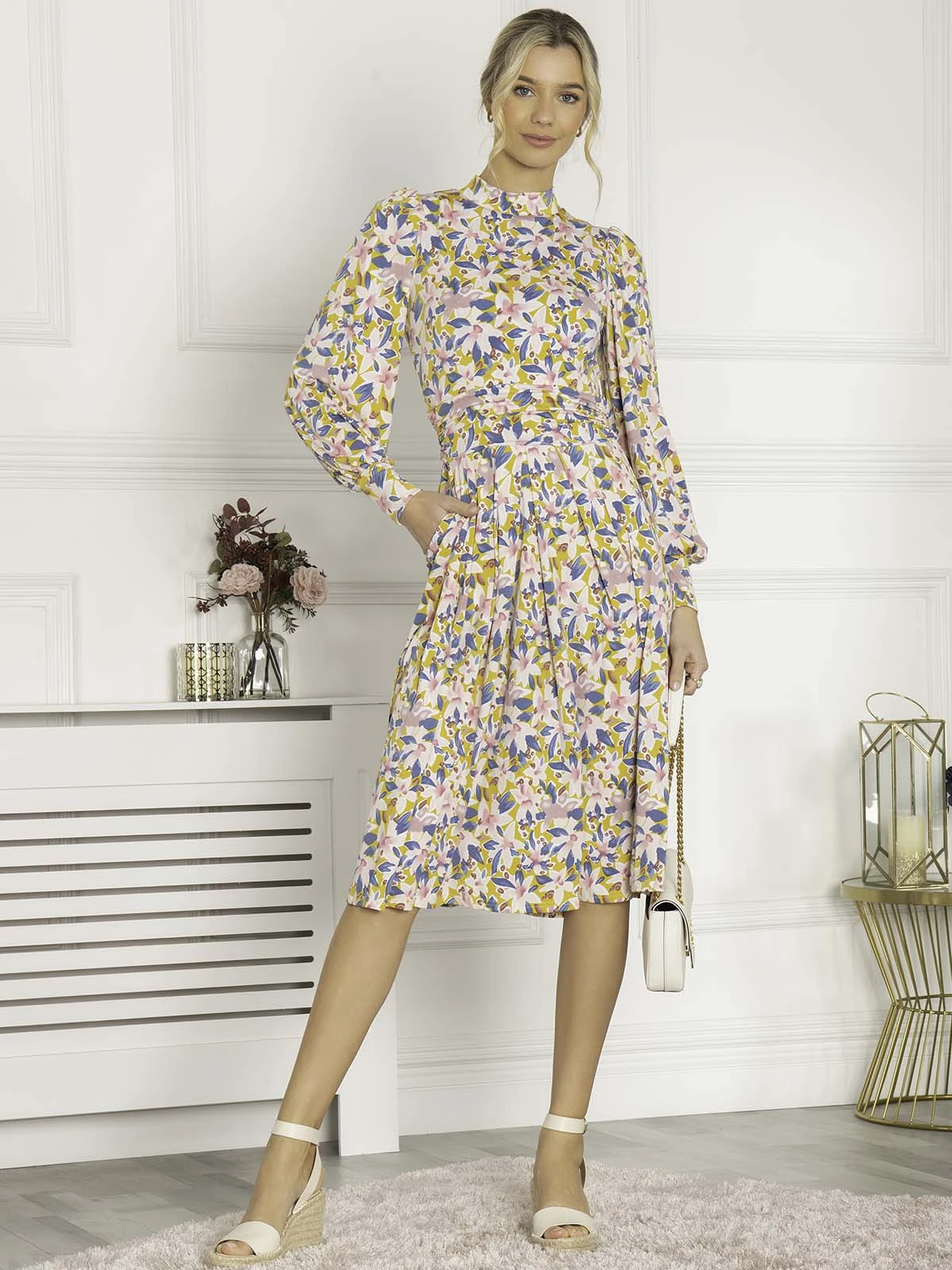 Jolie Moi Vesper Long Sleeve Midi Dress, Yellow Floral 6 Jolie Moi Vesper Long Sleeve Midi Dress, Yellow Floral - Image 6
