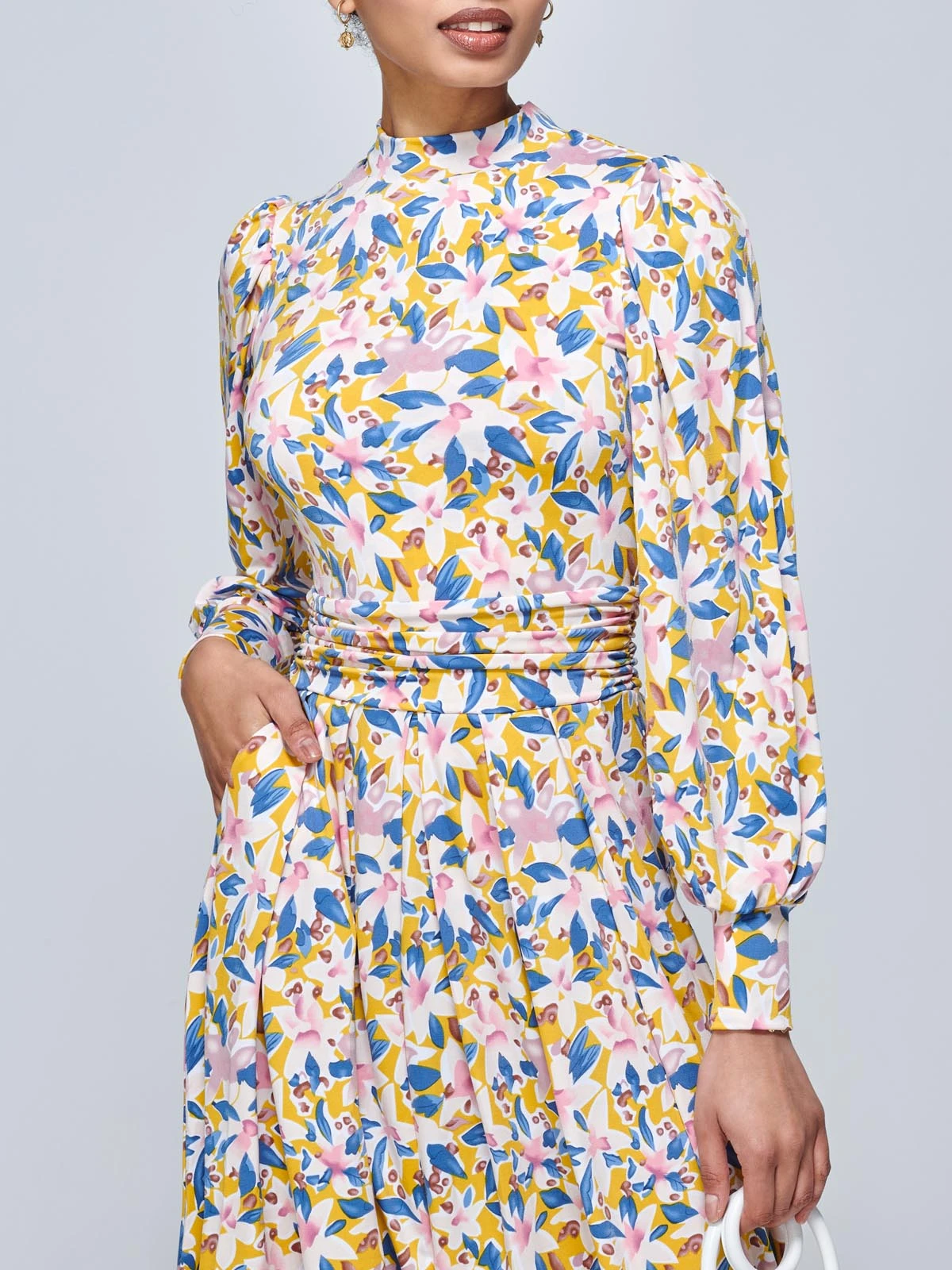 Jolie Moi Vesper Long Sleeve Midi Dress, Yellow Floral 3 Jolie Moi Vesper Long Sleeve Midi Dress, Yellow Floral - Image 3