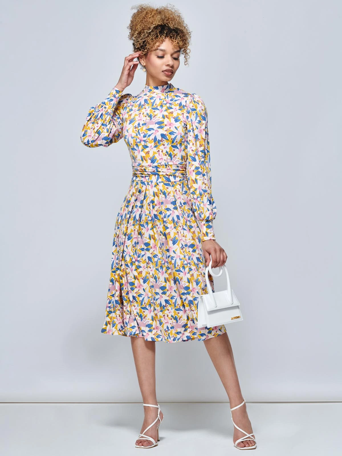 Jolie Moi Vesper Long Sleeve Midi Dress, Yellow Floral 1 Jolie Moi Vesper Long Sleeve Midi Dress, Yellow Floral