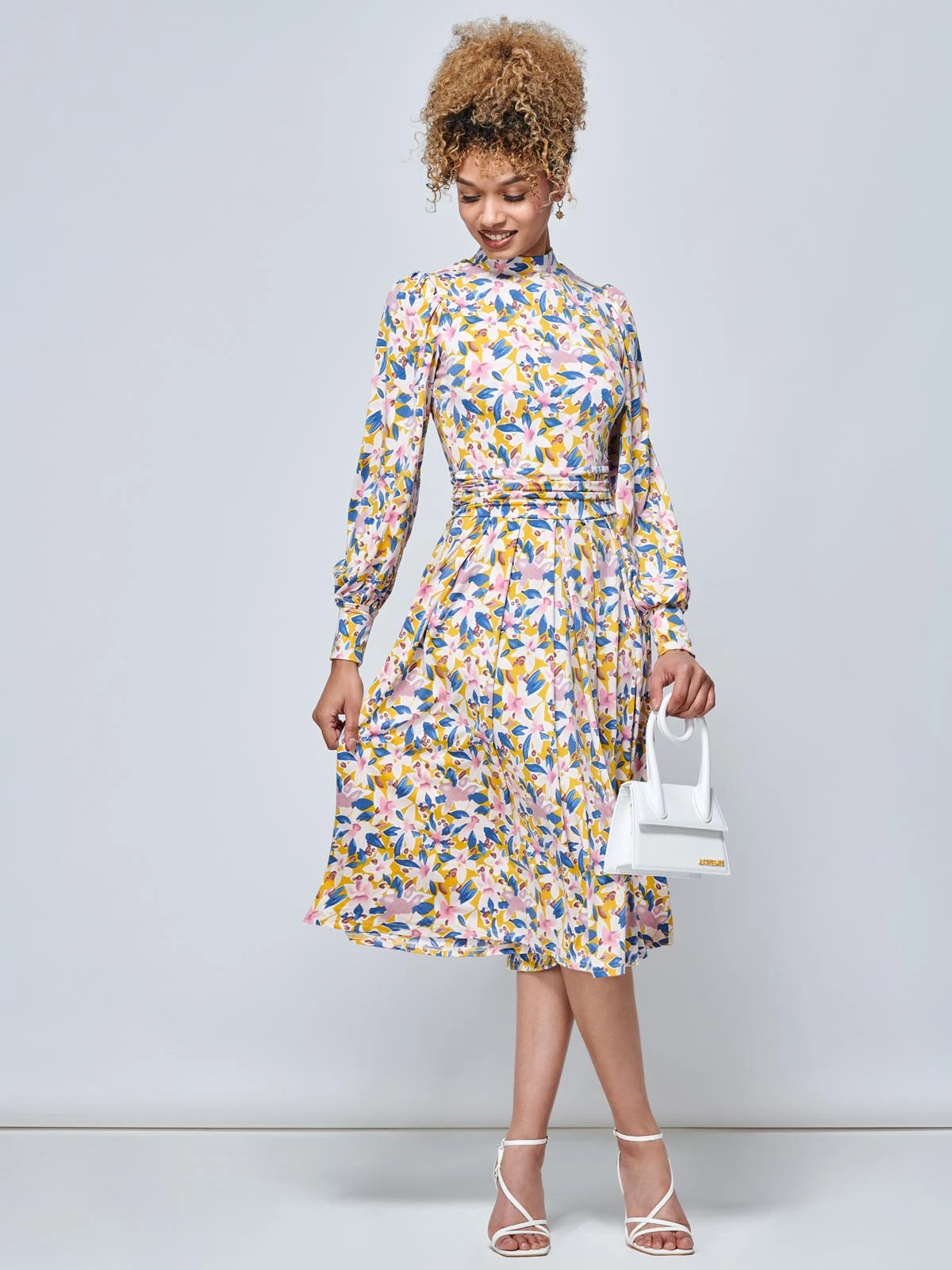 Jolie Moi Vesper Long Sleeve Midi Dress, Yellow Floral 5 Jolie Moi Vesper Long Sleeve Midi Dress, Yellow Floral - Image 5