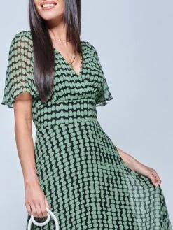V Neck Pleated Chiffon Maxi Dress, Green Geometric -DORIA Clothing Shop G1020927 GreenGeomatric 3