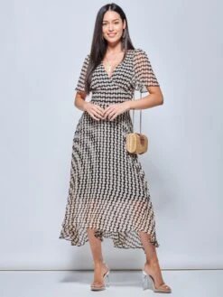 V Neck Pleated Chiffon Maxi Dress, Taupe Multi 8 V Neck Pleated Chiffon Maxi Dress, Taupe Multi -DORIA Clothing Shop G1020927 TaupeMulti 1