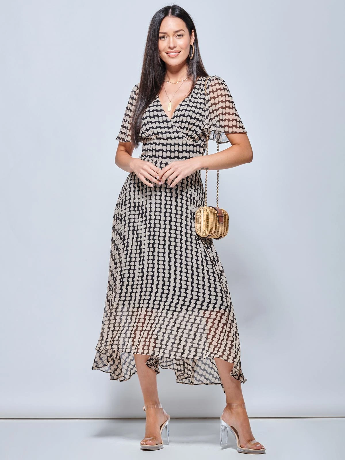 V Neck Pleated Chiffon Maxi Dress, Taupe Multi 4 V Neck Pleated Chiffon Maxi Dress, Taupe Multi - Image 4