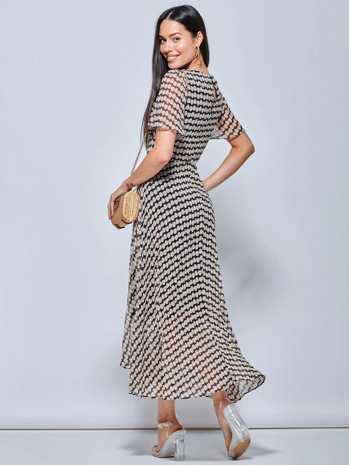 V Neck Pleated Chiffon Maxi Dress, Taupe Multi 2 V Neck Pleated Chiffon Maxi Dress, Taupe Multi - Image 2