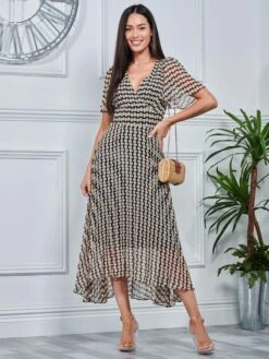 V Neck Pleated Chiffon Maxi Dress, Taupe Multi