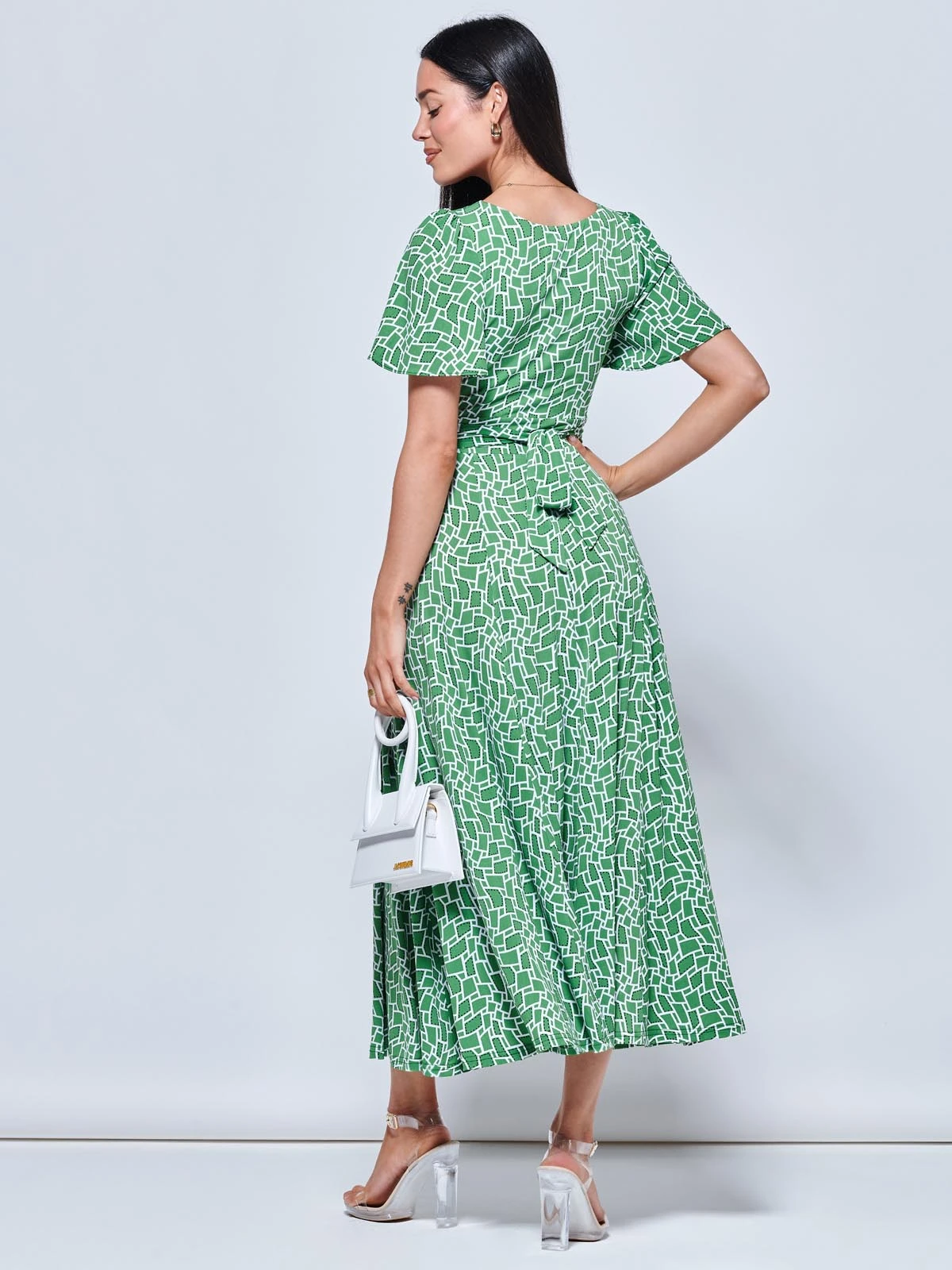 Boat Neck Angel Sleeve Maxi Dress, Green Geo 2 Boat Neck Angel Sleeve Maxi Dress, Green Geo - Image 2