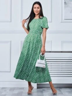 Boat Neck Angel Sleeve Maxi Dress, Green Geo
