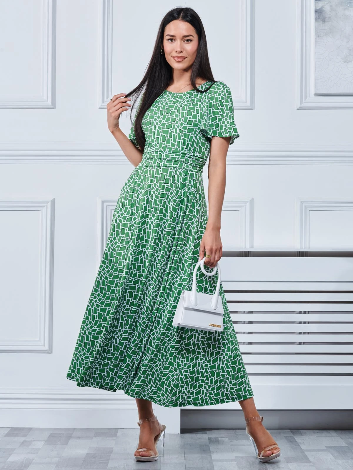 Boat Neck Angel Sleeve Maxi Dress, Green Geo 1 Boat Neck Angel Sleeve Maxi Dress, Green Geo