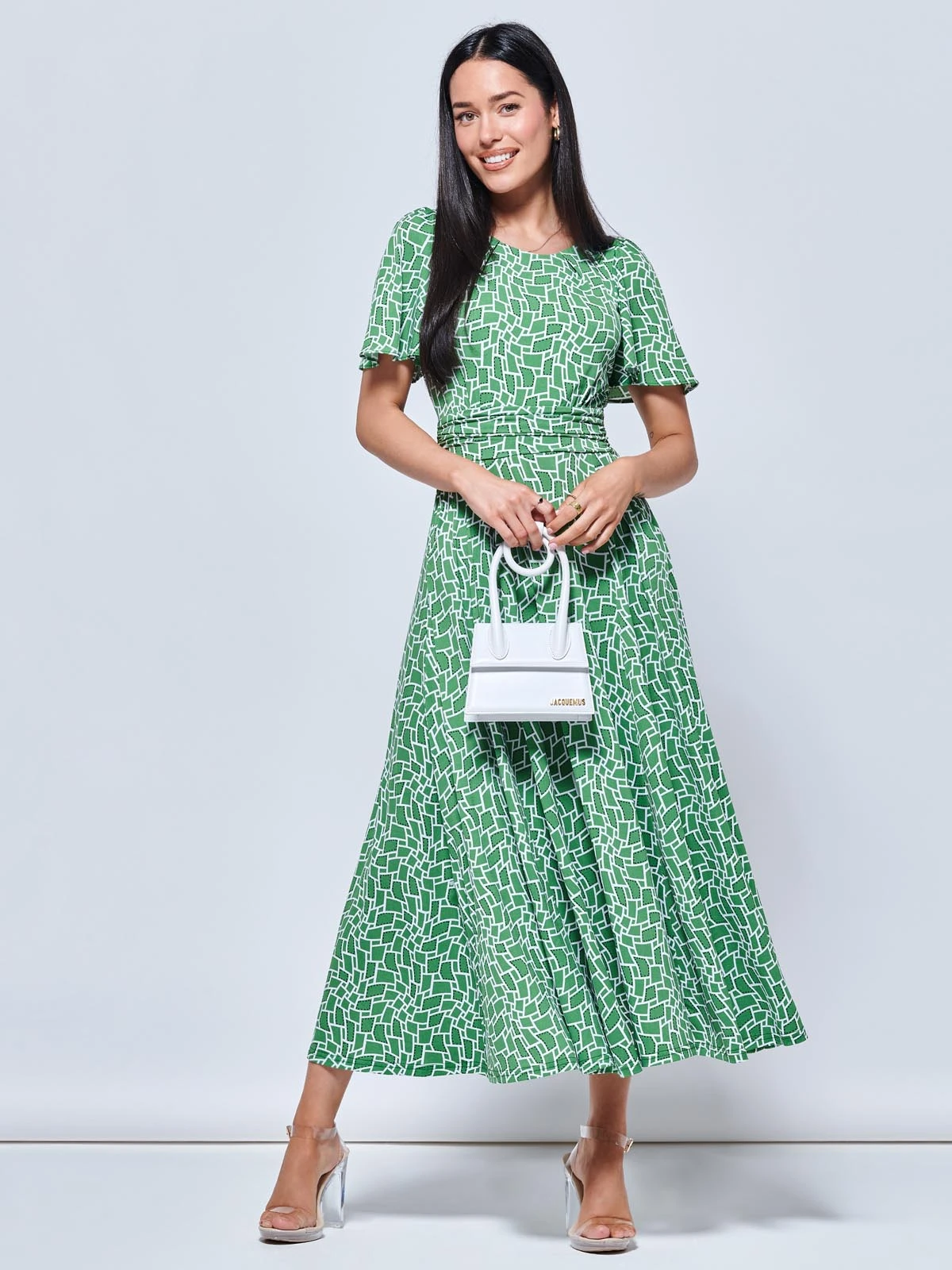 Boat Neck Angel Sleeve Maxi Dress, Green Geo 5 Boat Neck Angel Sleeve Maxi Dress, Green Geo - Image 5