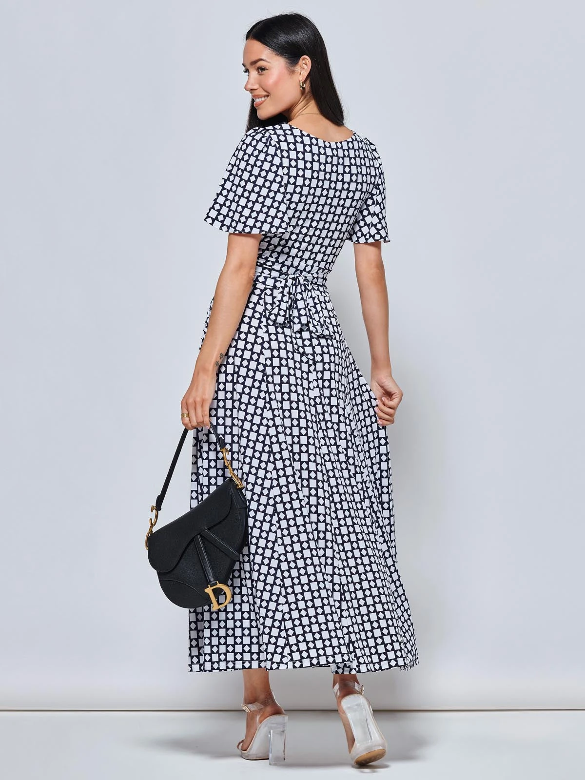 Boat Neck Angel Sleeve Maxi Dress, Navy Geo 2 Boat Neck Angel Sleeve Maxi Dress, Navy Geo - Image 2