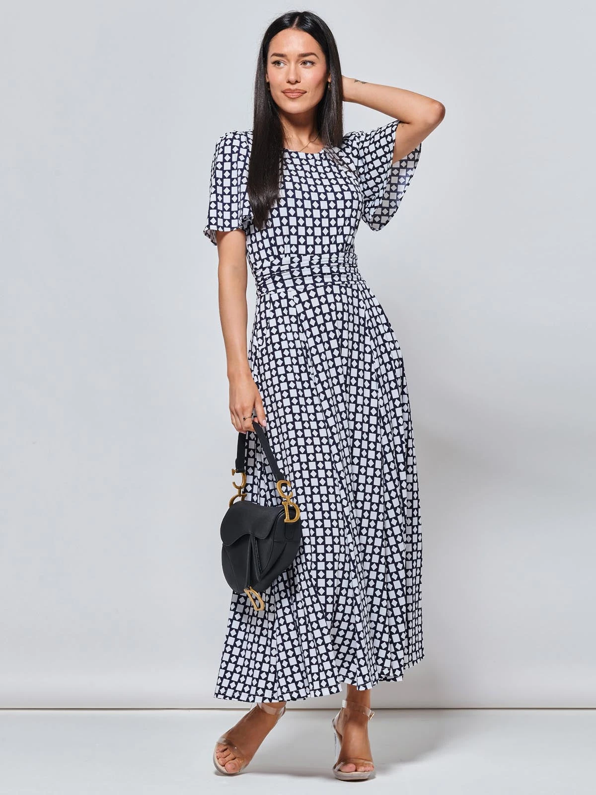 Boat Neck Angel Sleeve Maxi Dress, Navy Geo 4 Boat Neck Angel Sleeve Maxi Dress, Navy Geo - Image 4