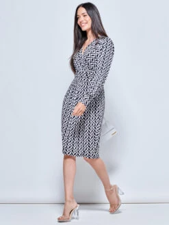 Print Long Sleeve Pegged Dress, Black Geo -DORIA Clothing Shop G362 6 5 BlackGeo 1