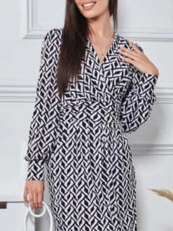 Print Long Sleeve Pegged Dress, Black Geo -DORIA Clothing Shop G362 6 5 BlackGeo 3