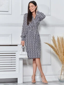 Print Long Sleeve Pegged Dress, Black Geo -DORIA Clothing Shop G362 6 5 BlackGeo 4