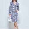 Print Long Sleeve Pegged Dress, Navy Geo