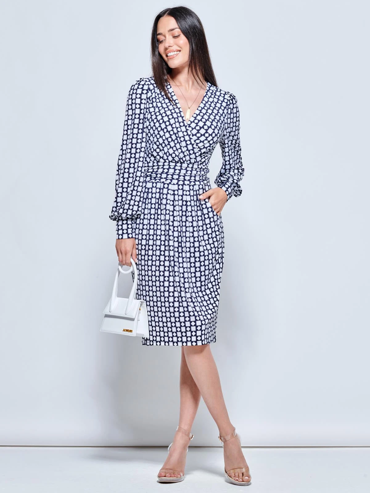 Print Long Sleeve Pegged Dress, Navy Geo 1 Print Long Sleeve Pegged Dress, Navy Geo