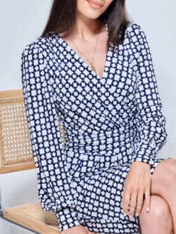 Print Long Sleeve Pegged Dress, Navy Geo 8 Print Long Sleeve Pegged Dress, Navy Geo -DORIA Clothing Shop G362 6 5 NavyGeo 4